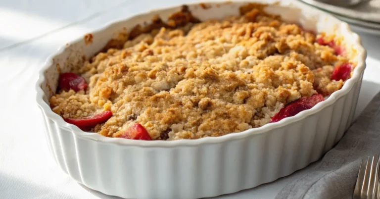 A freshly baked rhubarb and ginger crumble in a white ceramic dish on a white table