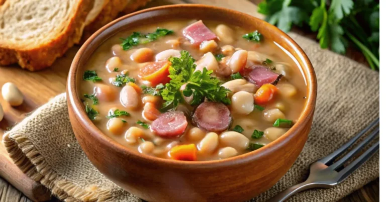 A bowl of Ham and Bean Soup with crusty bread and parsley garnish
