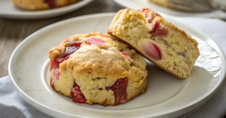 Close-up shot of Rhubarb and Custard Scones served in a plain white plate with natural lighting.