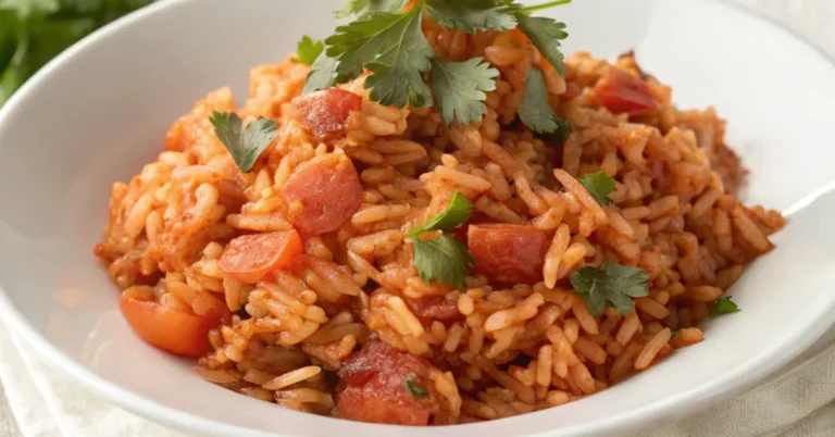 Authentic homemade Mexican Red Rice served on a white plate, garnished with cilantro, captured in natural lighting