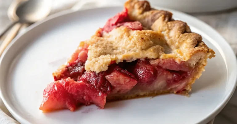 Close-up of a freshly baked Strawberry Rhubarb Pie with a flaky crust and vibrant filling, served on a white plate.