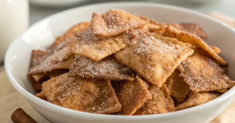 Close-up of homemade cinnamon sugar crisps served on a white plate with soft natural lighting