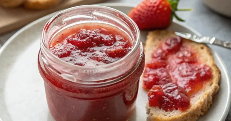 Close-up of homemade Strawberry Rhubarb Jam served on a white plate, showcasing its vibrant red color and glossy texture
