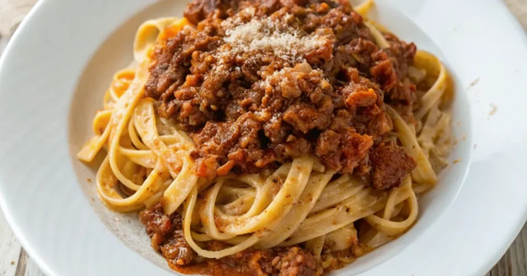 Close-up shot of Slow Cooker Bolognese served in a plain white plate, with rich textures and natural lighting