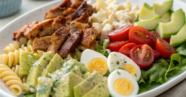 Close-up shot of Cobb Pasta Salad served in a white plate with vibrant ingredients including bacon, chicken, avocado, eggs, and blue cheese