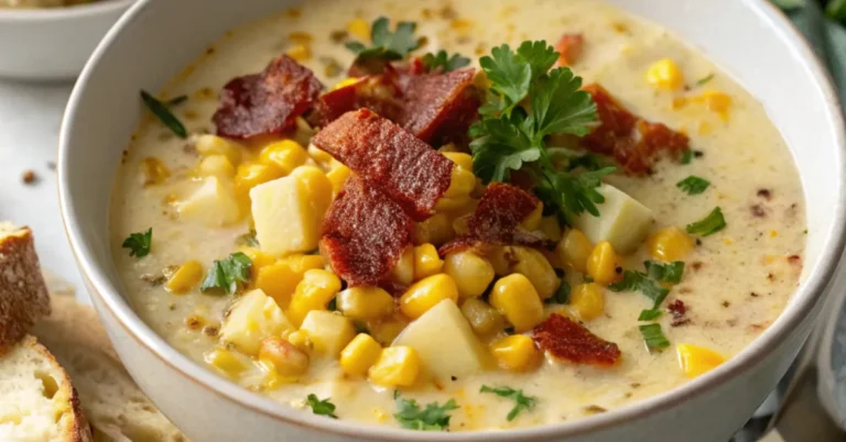 Bowl of Instant Pot Corn Chowder with bacon, fresh corn, potatoes, and parsley, served with bread