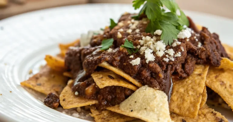 Top view of Mole Nachos on a plain white plate, featuring crispy tortilla chips, rich mole sauce, melted cheese, avocado slices, and fresh garnishes