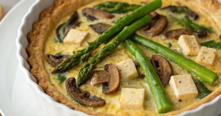 A freshly baked Mushroom, Asparagus, and Tofu Quiche with a golden crust and vibrant vegetable filling
