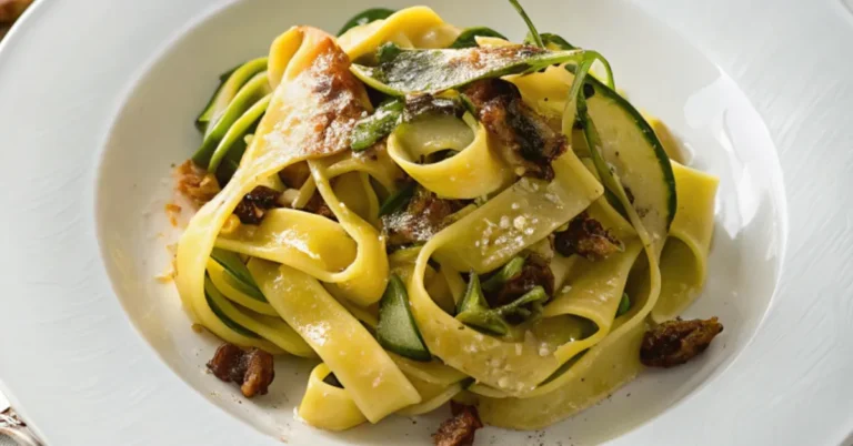 Close-up of a beautifully plated Zucchini Ribbon Pasta with fresh basil and Parmesan, captured in soft natural lighting