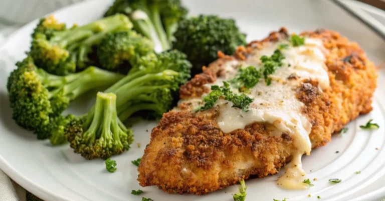 Close-up of Air Fryer Parmesan Chicken with Broccoli served on a white plate, featuring a golden crispy texture and vibrant green broccoli