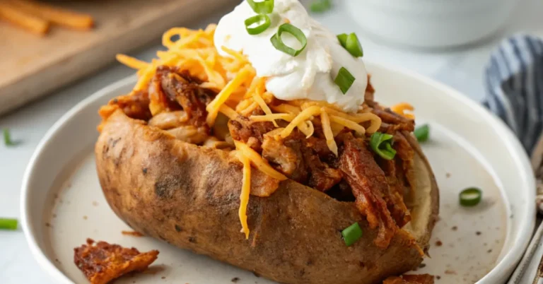 Close-up of BBQ Chicken Baked Potatoes served on a plain white plate, topped with shredded BBQ chicken, melted cheddar cheese, sour cream, and green onions