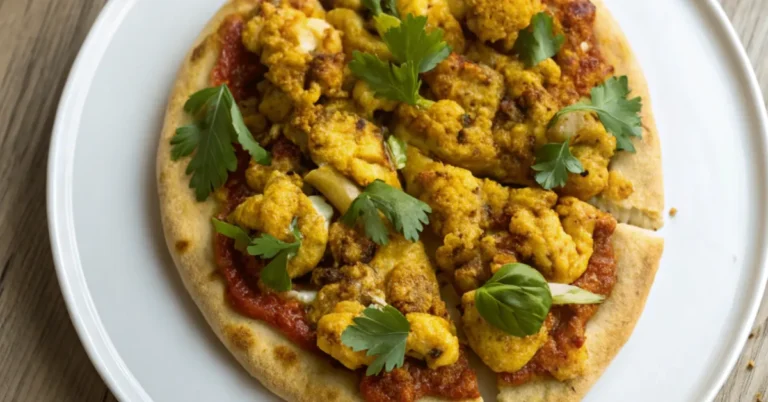 A close-up shot of Spicy and Savory Curry Cauliflower Pizza served on a white plate, with vibrant colors and textures visible under soft natural lighting.
