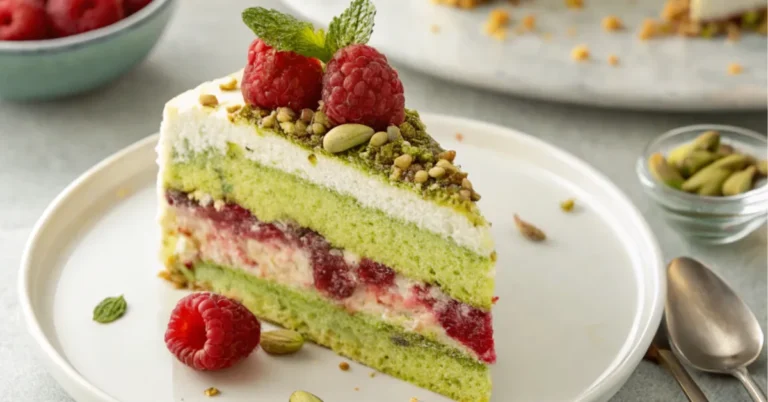 Heavenly Pistachio Raspberry Dream Cake served with mascarpone frosting, fresh raspberries, and pistachio topping