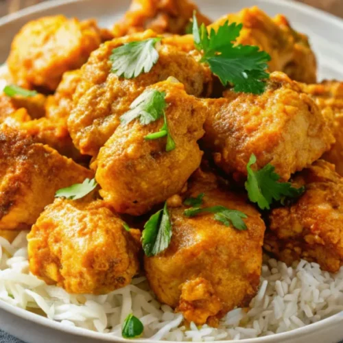 A close-up shot of Spicy Brazilian Coconut Chicken served on a plain white plate, featuring vibrant colors and creamy coconut sauce, garnished with fresh cilantro and chili slices.