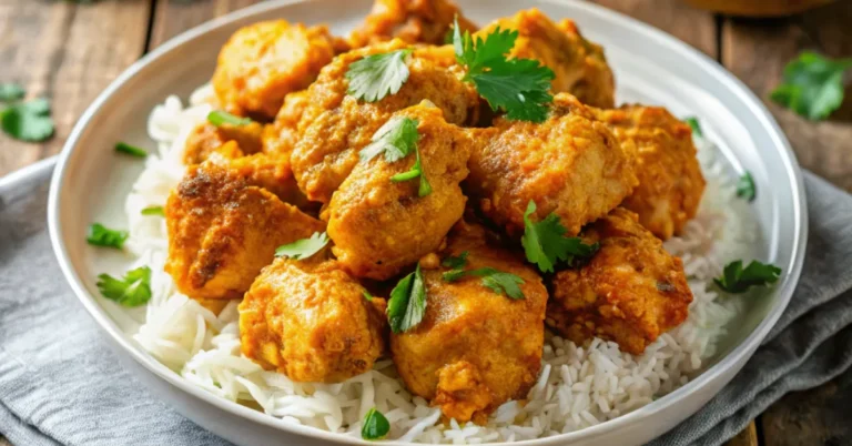 A close-up shot of Spicy Brazilian Coconut Chicken served on a plain white plate, featuring vibrant colors and creamy coconut sauce, garnished with fresh cilantro and chili slices.