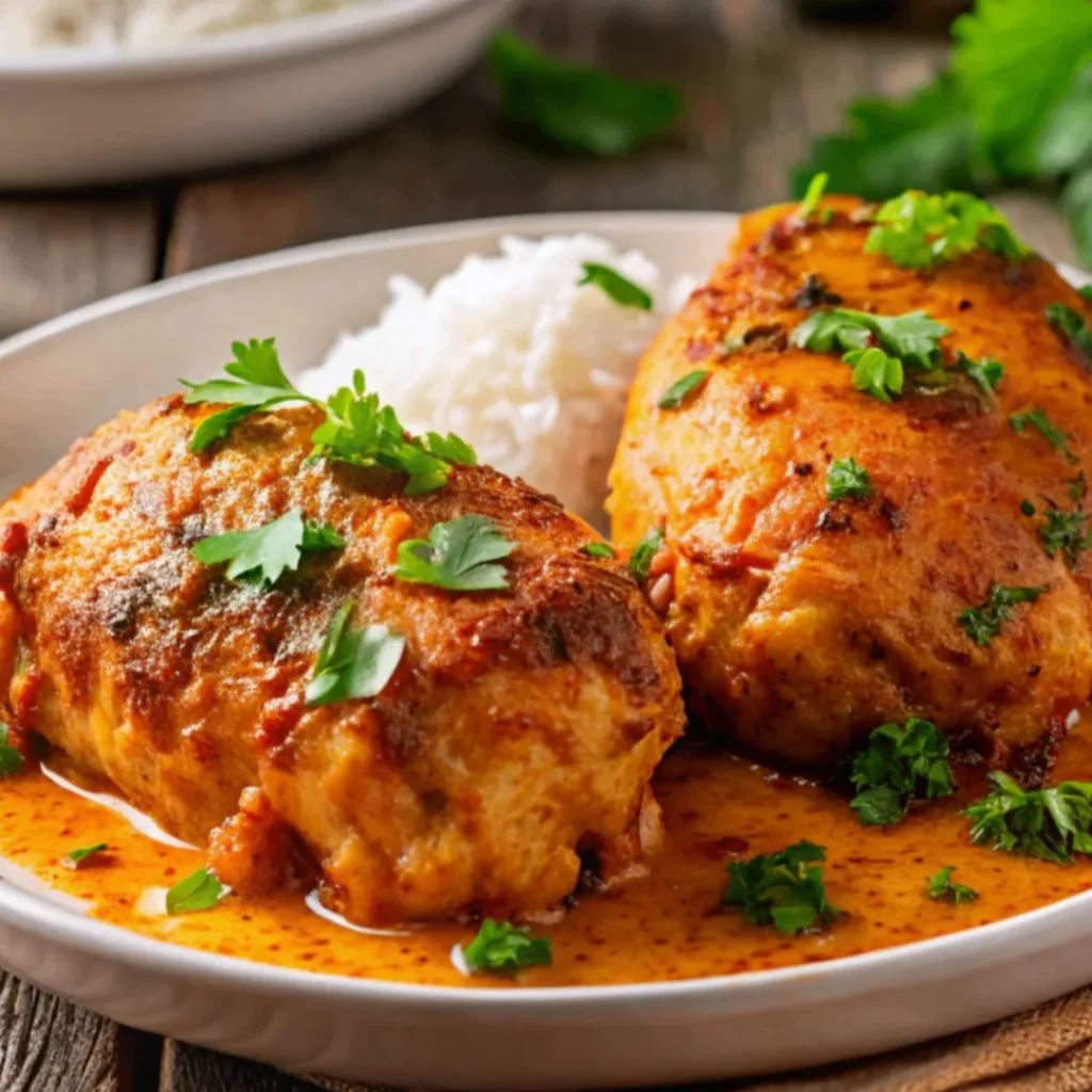 A close-up shot of Spicy Brazilian Coconut Chicken served on a plain white plate, featuring vibrant colors and creamy coconut sauce, garnished with fresh cilantro and chili slices.