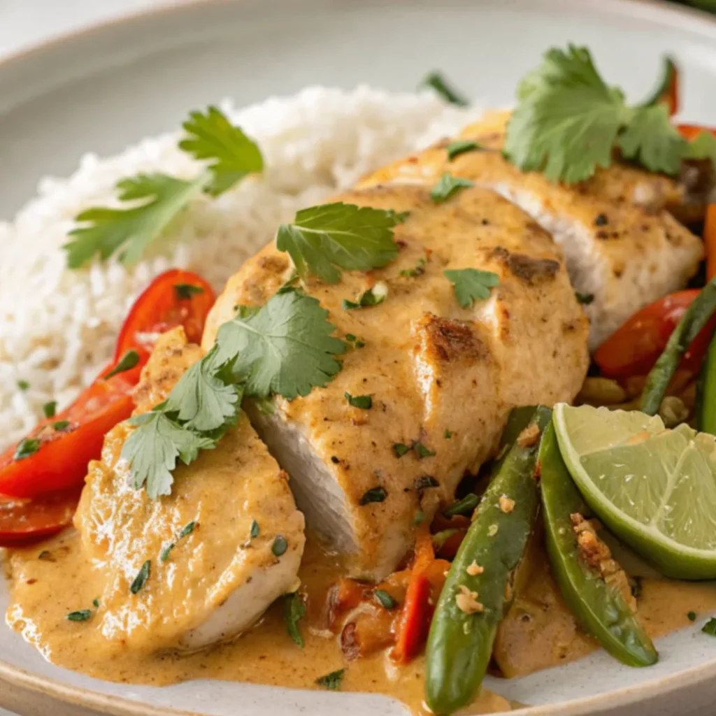 A close-up shot of Spicy Brazilian Coconut Chicken served on a plain white plate, featuring vibrant colors and creamy coconut sauce, garnished with fresh cilantro and chili slices.