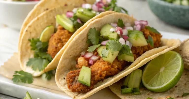 Close-up image of Crunchy Chicken Tacos with Poblano and Avocado Jalapeño Salsa served in a white plate with natural lighting