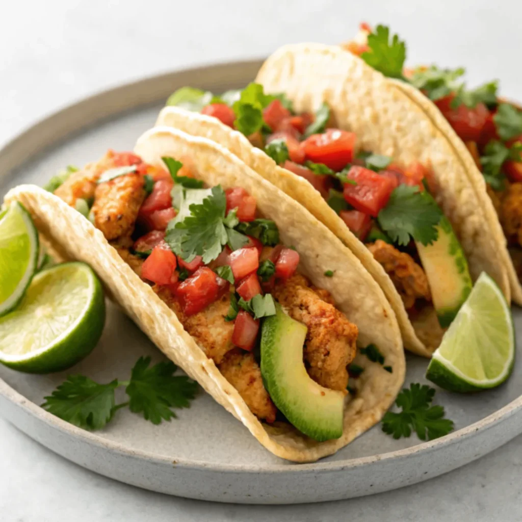 Close-up image of Crunchy Chicken Tacos with Poblano and Avocado Jalapeño Salsa served in a white plate with natural lighting