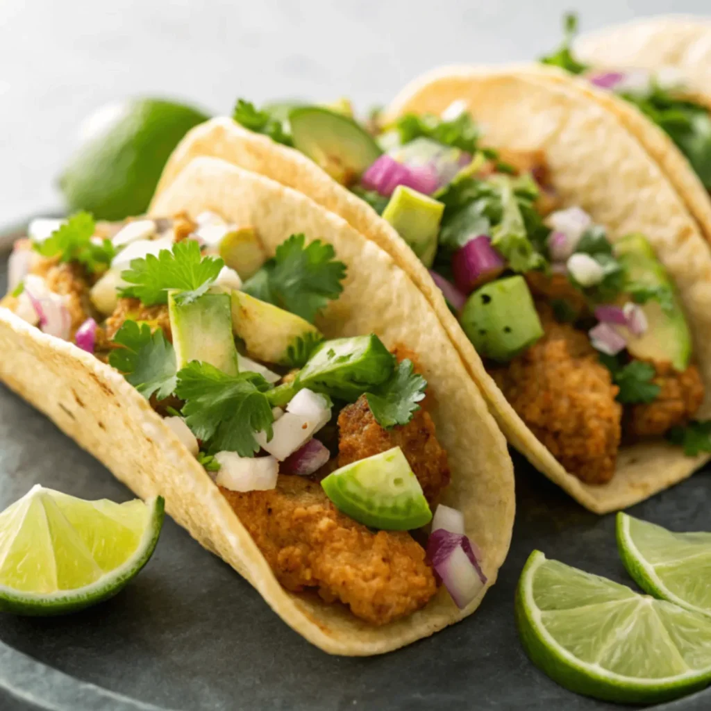 Close-up image of Crunchy Chicken Tacos with Poblano and Avocado Jalapeño Salsa served in a white plate with natural lighting