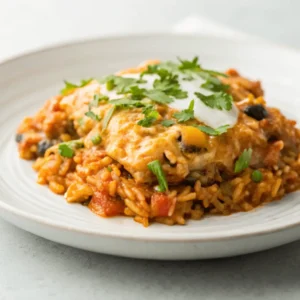 Top view of cheesy Chicken Enchilada Rice Casserole served on a plain white plate with beans, corn, and melted cheese, captured with natural lighting