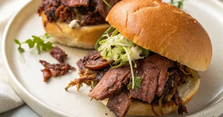 ​Close-up of Smoky Brisket Sandwiches on a white plate, showcasing tender brisket and fresh toppings.​