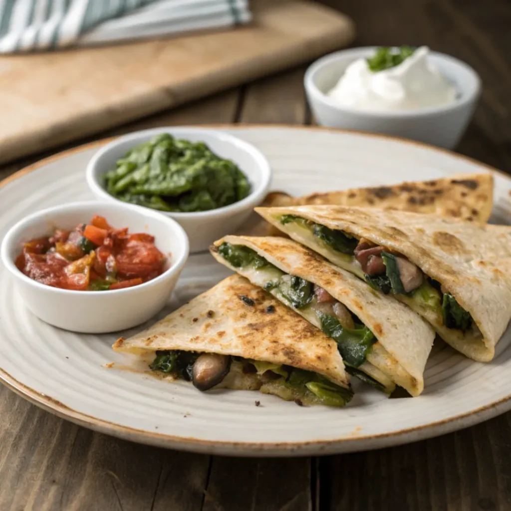 Golden baked spinach mushroom quesadillas sliced into wedges with cheese, spinach, and mushrooms inside, served on a white plate
