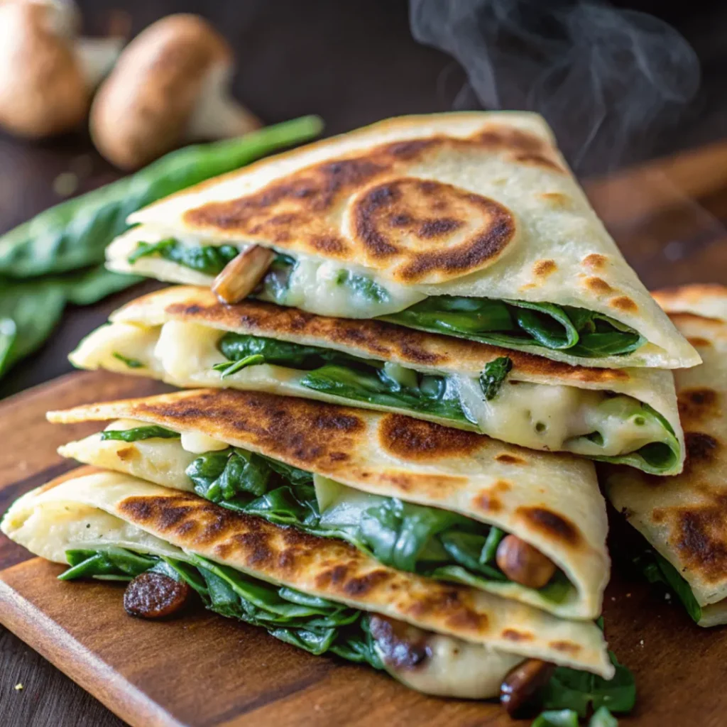 Golden baked spinach mushroom quesadillas sliced into wedges with cheese, spinach, and mushrooms inside, served on a white plate
