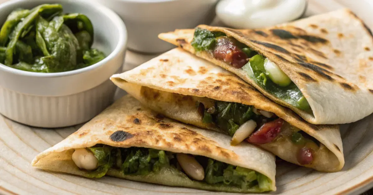 Golden baked spinach mushroom quesadillas sliced into wedges with cheese, spinach, and mushrooms inside, served on a white plate