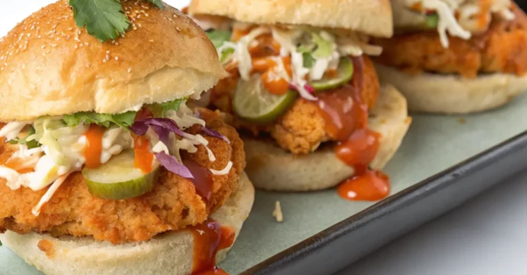 Close-up of three crispy bang bang chicken sliders with toasted buns, creamy spicy sauce, lettuce, pickles, and cilantro on a rustic wooden board.