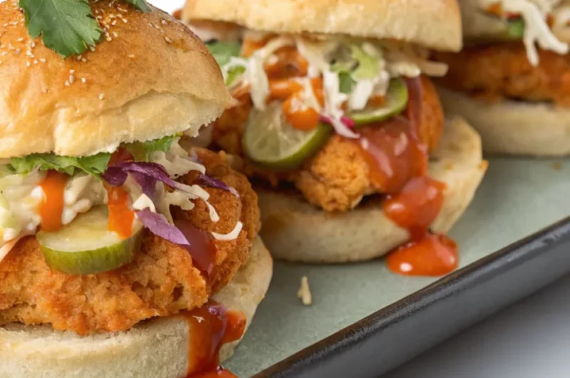 Close-up of three crispy bang bang chicken sliders with toasted buns, creamy spicy sauce, lettuce, pickles, and cilantro on a rustic wooden board.