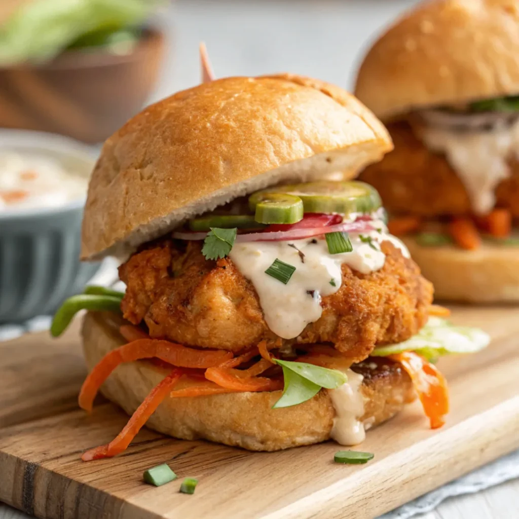 Close-up of three crispy bang bang chicken sliders with toasted buns, creamy spicy sauce, lettuce, pickles, and cilantro on a rustic wooden board.