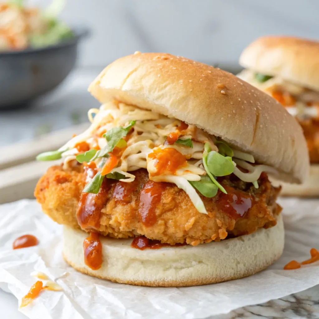 Close-up of three crispy bang bang chicken sliders with toasted buns, creamy spicy sauce, lettuce, pickles, and cilantro on a rustic wooden board.