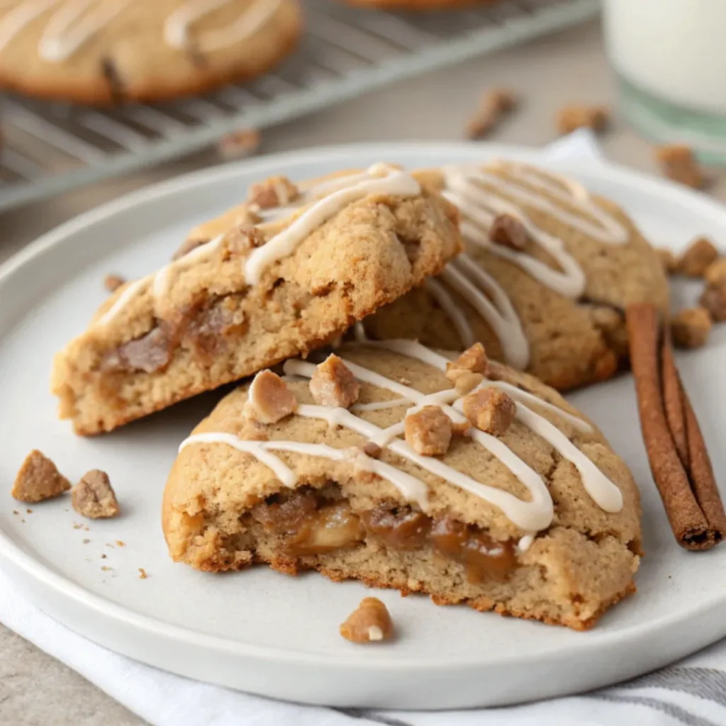 Soft Brown Sugar Pop Tart Cookies with cinnamon glaze on a white plate