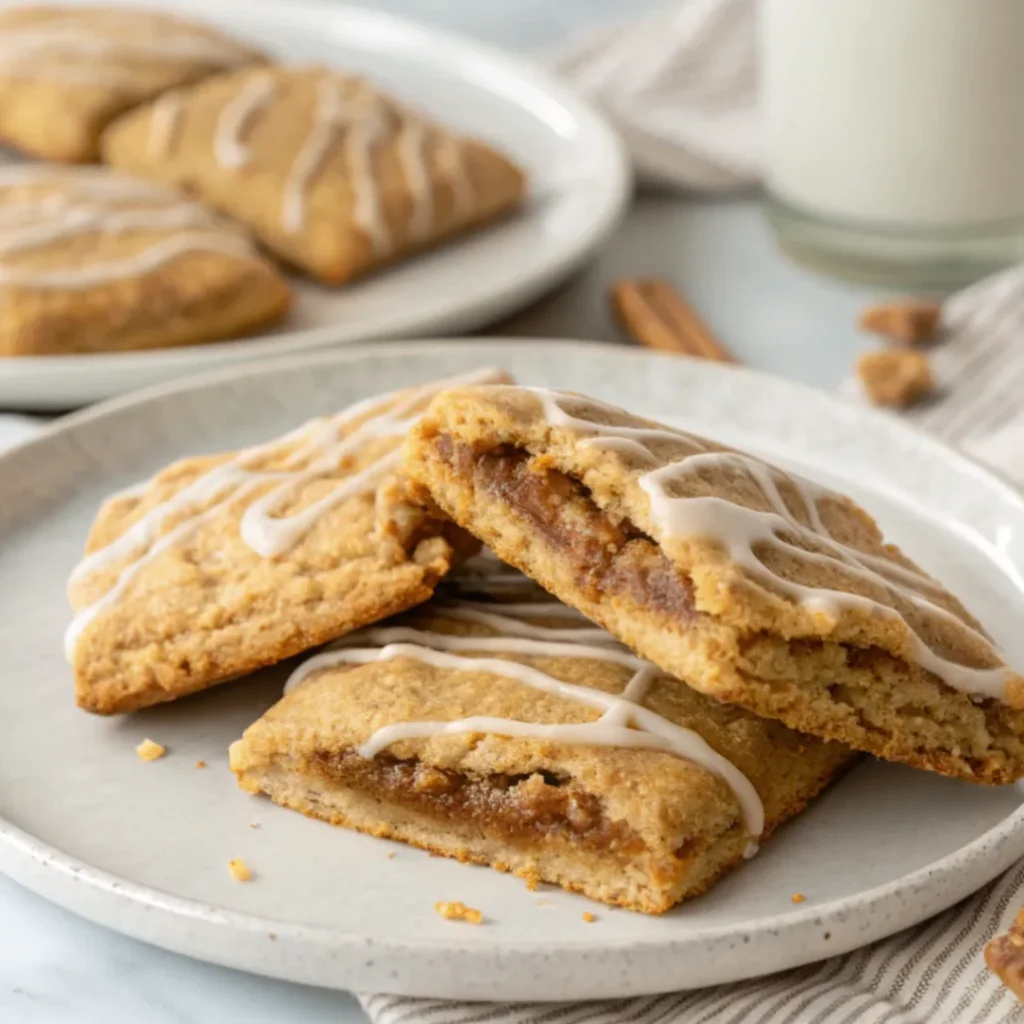 Soft Brown Sugar Pop Tart Cookies with cinnamon glaze on a white plate