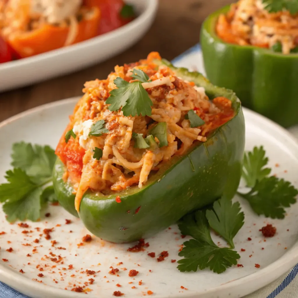 A mouthwatering plate of Buffalo Chicken Stuffed Peppers loaded with spicy shredded chicken and melted cheese, topped with a creamy ranch drizzle