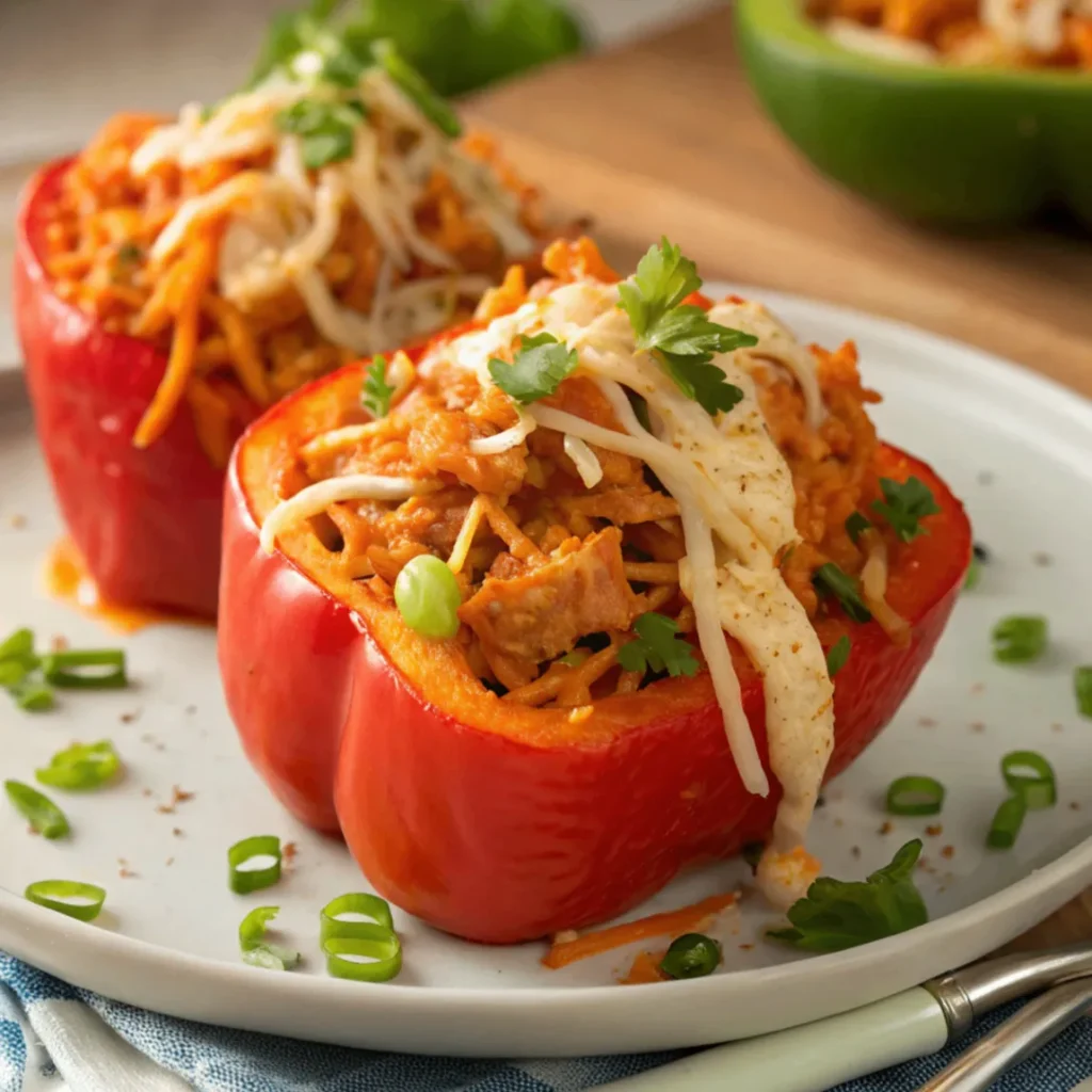 A mouthwatering plate of Buffalo Chicken Stuffed Peppers loaded with spicy shredded chicken and melted cheese, topped with a creamy ranch drizzle