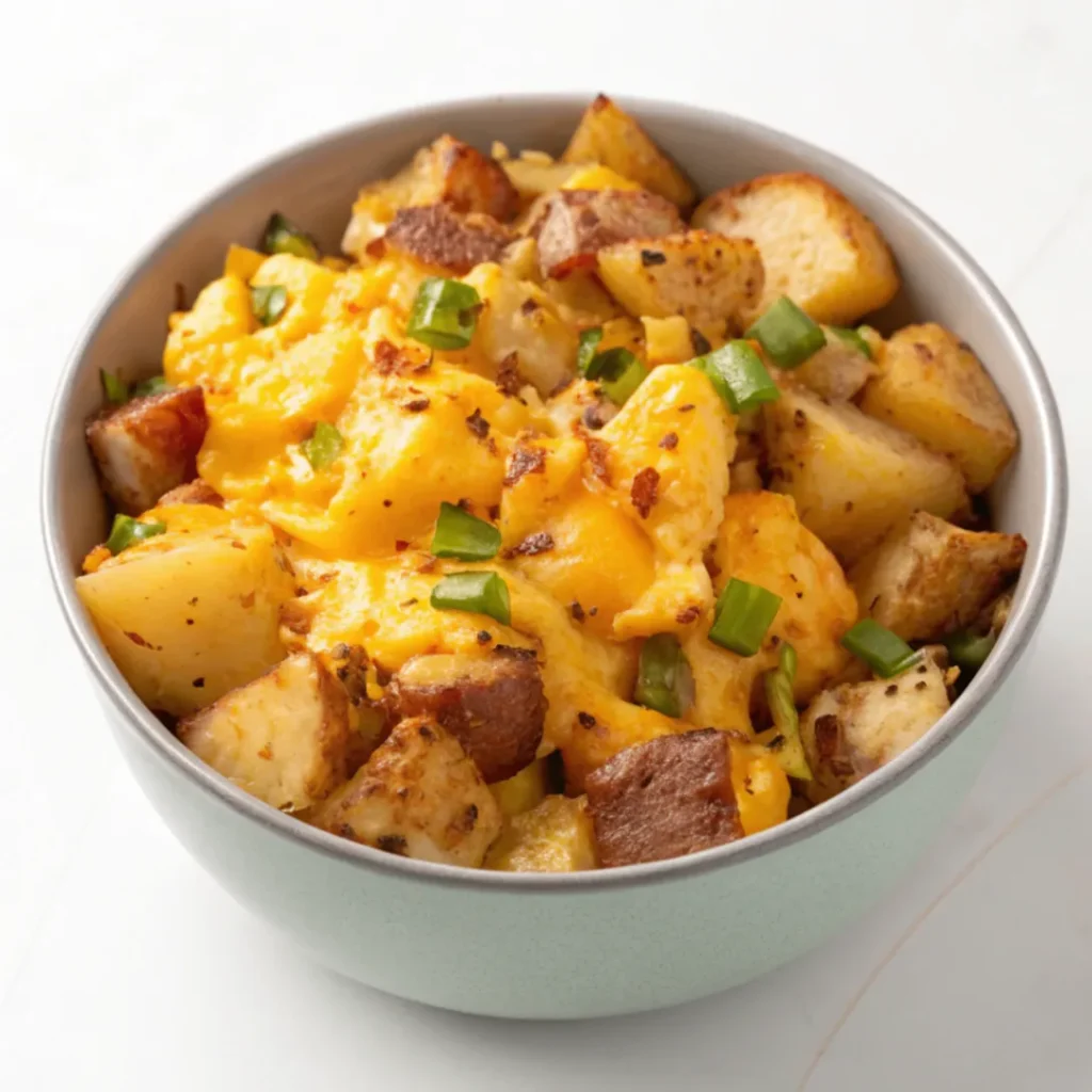 Cheesy Potato Egg Scramble served on a white plate with golden potatoes, soft eggs, and melted cheese
