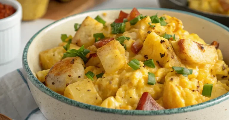 Cheesy Potato Egg Scramble served on a white plate with golden potatoes, soft eggs, and melted cheese