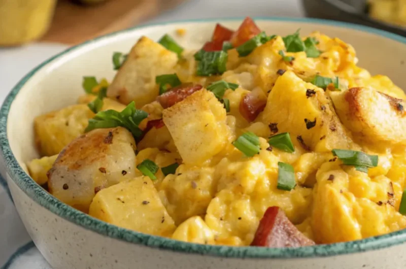 Cheesy Potato Egg Scramble served on a white plate with golden potatoes, soft eggs, and melted cheese