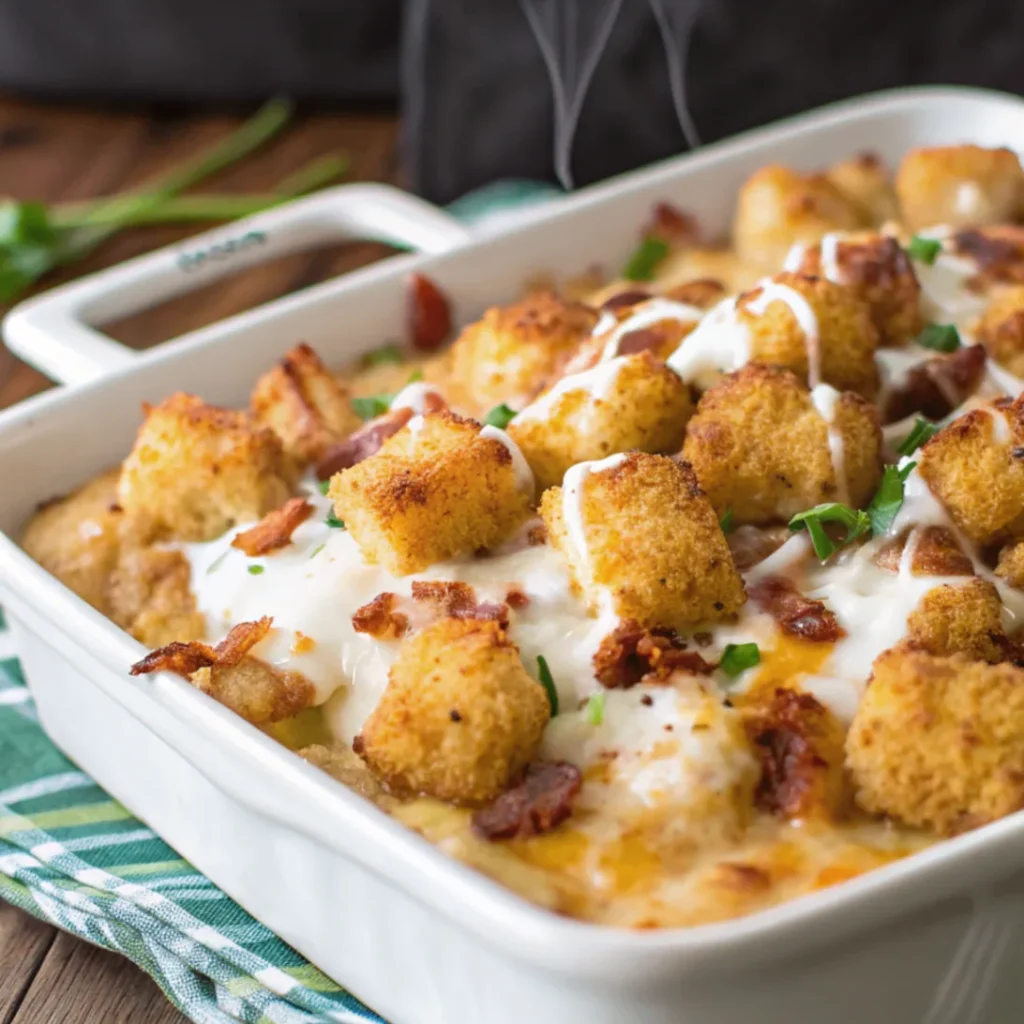 Close-up of Chicken Bacon Ranch Tater Tot Casserole with crispy tots, melted cheese, bacon, and creamy chicken filling in a white plate