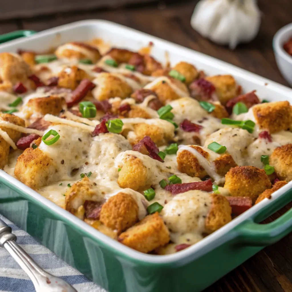 Close-up of Chicken Bacon Ranch Tater Tot Casserole with crispy tots, melted cheese, bacon, and creamy chicken filling in a white plate