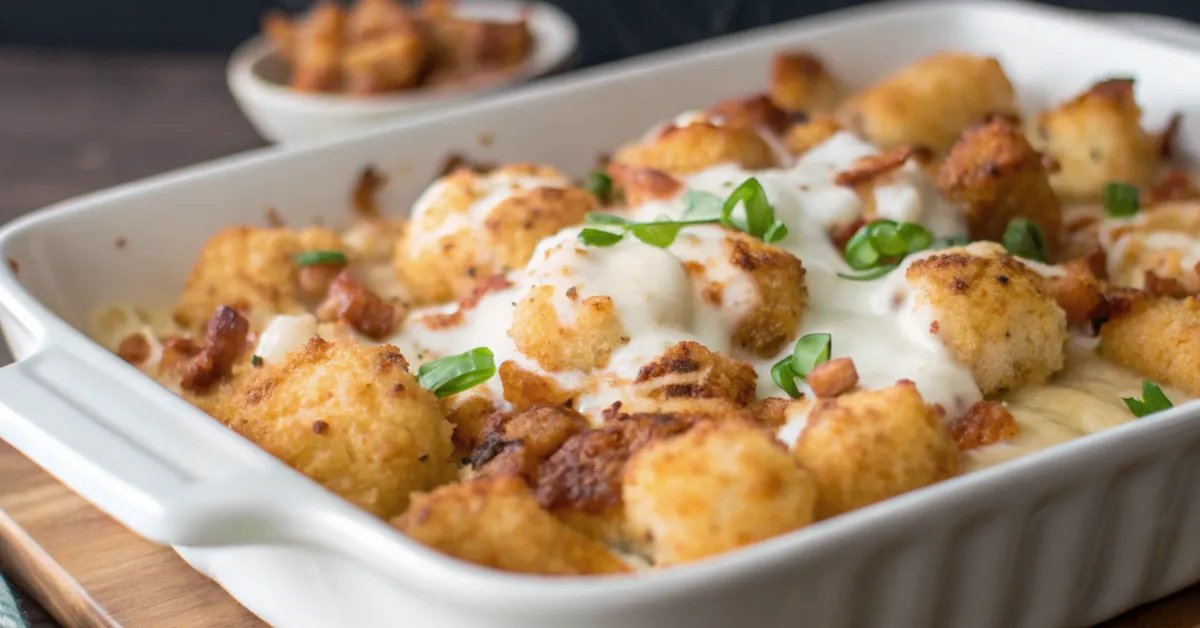 Close-up of Chicken Bacon Ranch Tater Tot Casserole with crispy tots, melted cheese, bacon, and creamy chicken filling in a white plate