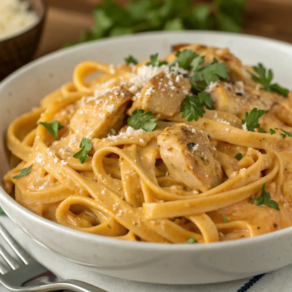 Close-up of Creamy Cowboy Butter Chicken Linguine with seared chicken, creamy sauce, and fresh parsley served in a white plate