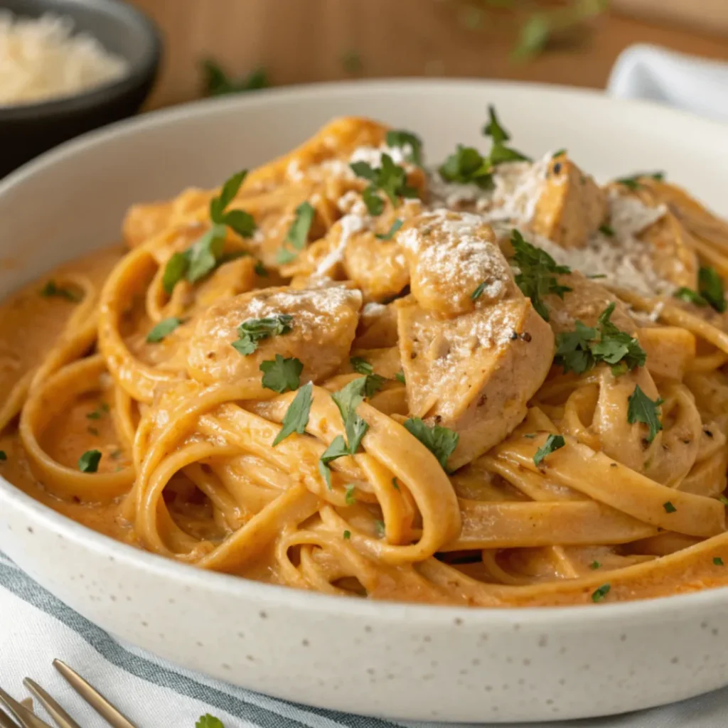 Close-up of Creamy Cowboy Butter Chicken Linguine with seared chicken, creamy sauce, and fresh parsley served in a white plate