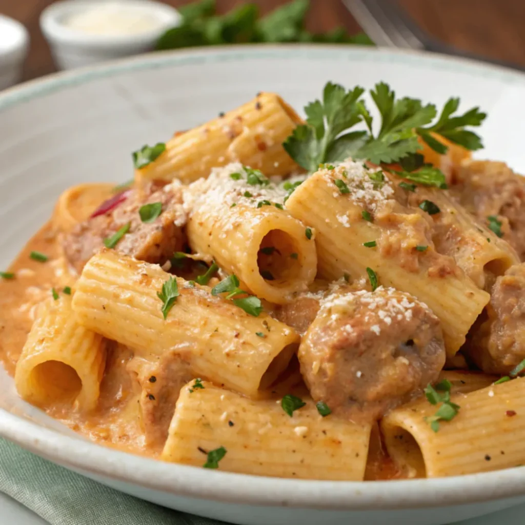 A close-up of creamy sausage rigatoni pasta served on a white plate with fresh parsley and parmesan cheese