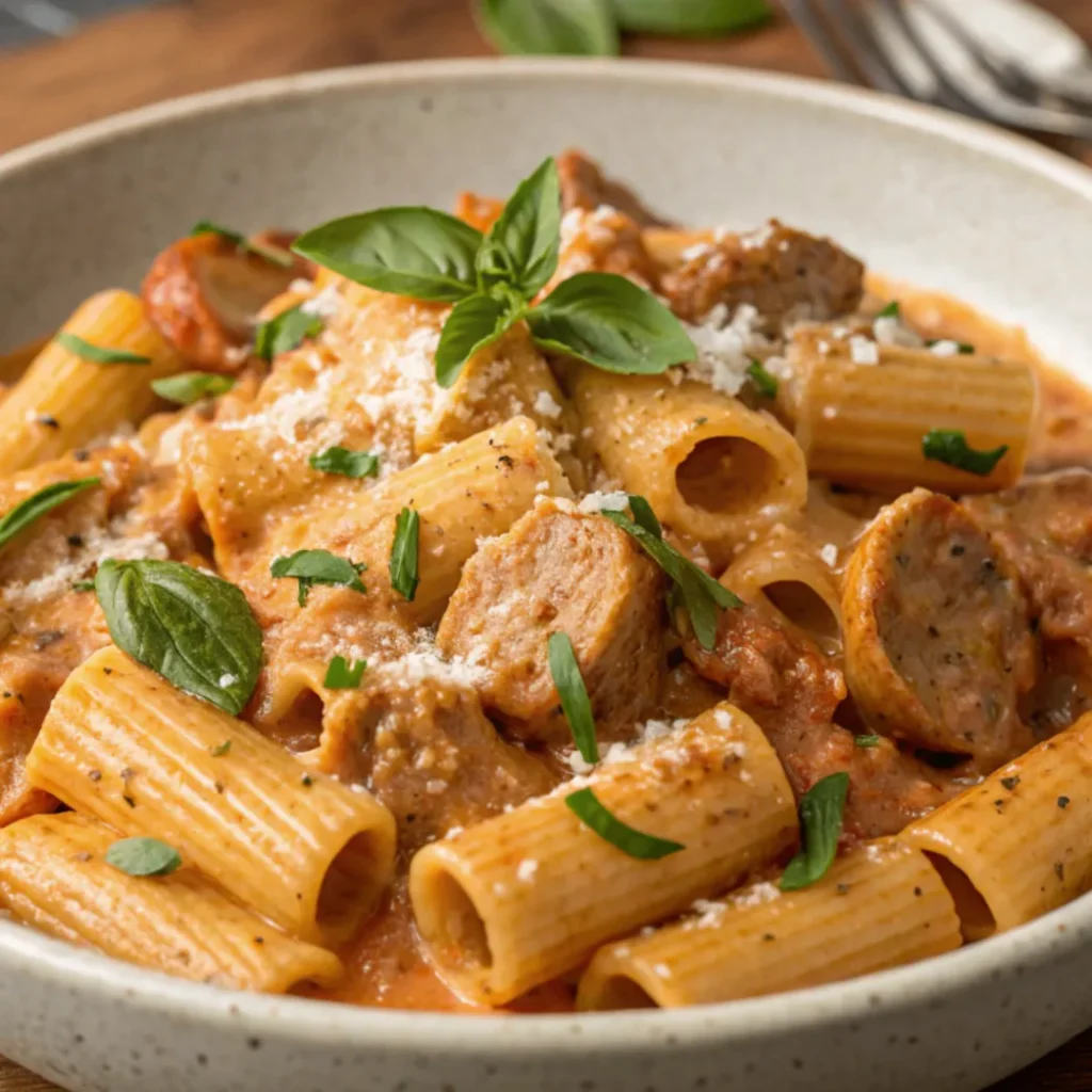 A close-up of creamy sausage rigatoni pasta served on a white plate with fresh parsley and parmesan cheese
