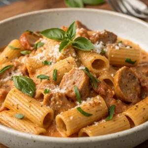 A close-up of creamy sausage rigatoni pasta served on a white plate with fresh parsley and parmesan cheese