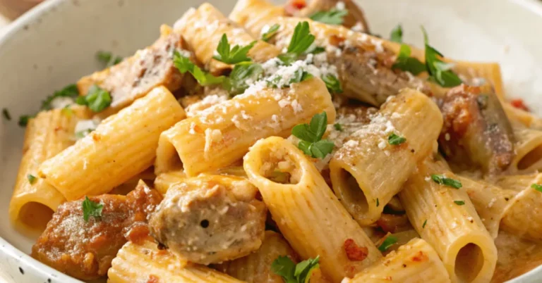 A close-up of creamy sausage rigatoni pasta served on a white plate with fresh parsley and parmesan cheese