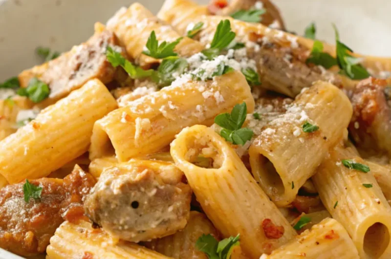 A close-up of creamy sausage rigatoni pasta served on a white plate with fresh parsley and parmesan cheese